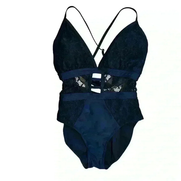 New York and Company Lace-Accent One-Piece Swimsuit -Black Sz L - Picture 3 of 8